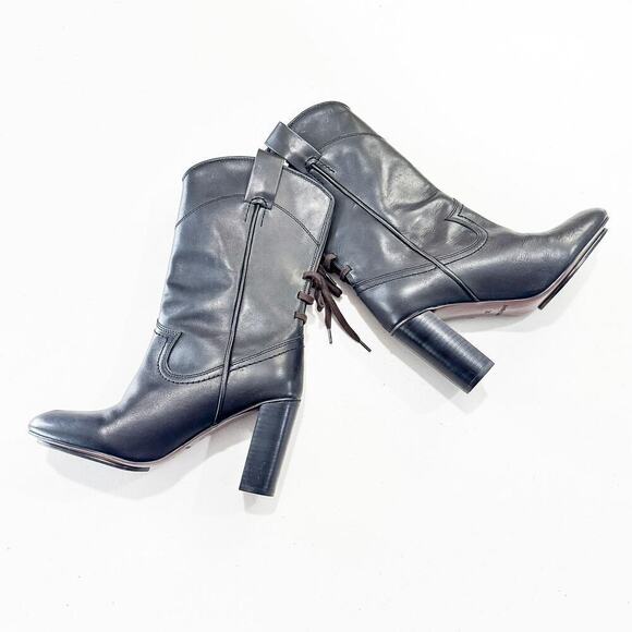 See by Chloe Black Lace Up Cowboy Leather Boots Mid Calf Lace Round Toe Size 38 - Picture 8 of 8